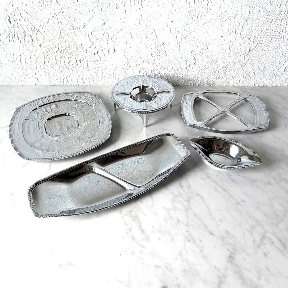 Doehler Jarvis Mid Century Polished Aluminum Serving Set 5 Pieces Candle Warmer